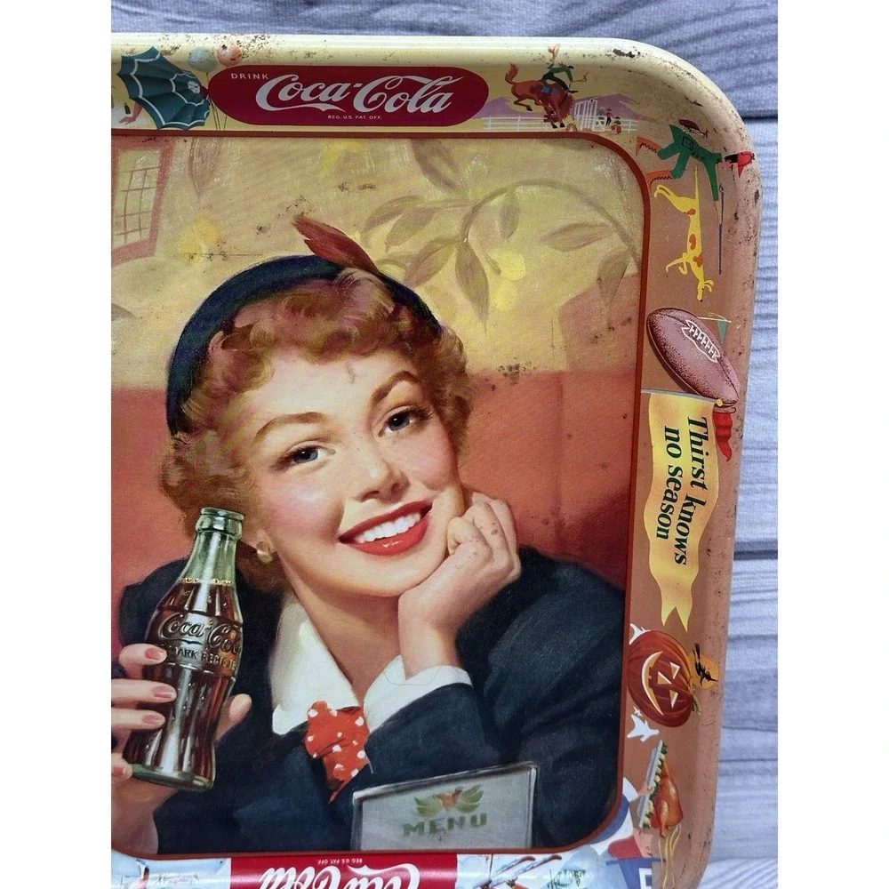 VINTAGE COCA COLA THIRST KNOWS NO‎ SEASON METAL SERVING TRAY   *1